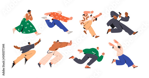 People running fast set. Happy active characters rushing forward, aspiring. Excited determined men, women hurrying on urgent businesses. Flat graphic vector illustrations isolated on white background photo