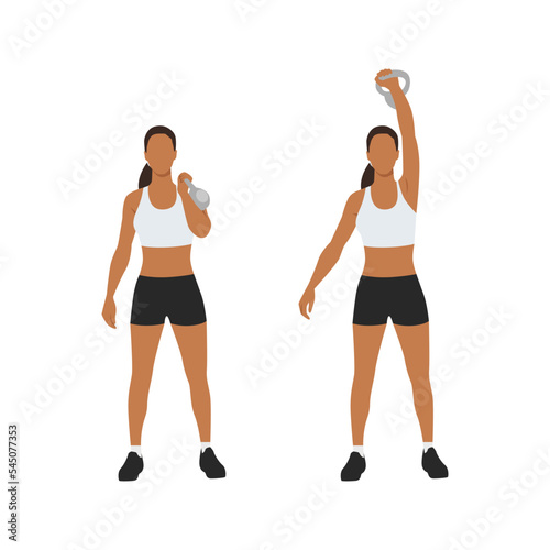 Woman doing One arm kettlebell push and press exercise. Flat vector illustration isolated on white background