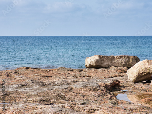 Coastal landscape with sea  stone and blue sky  Mediterranean Sea  Mallorca Island