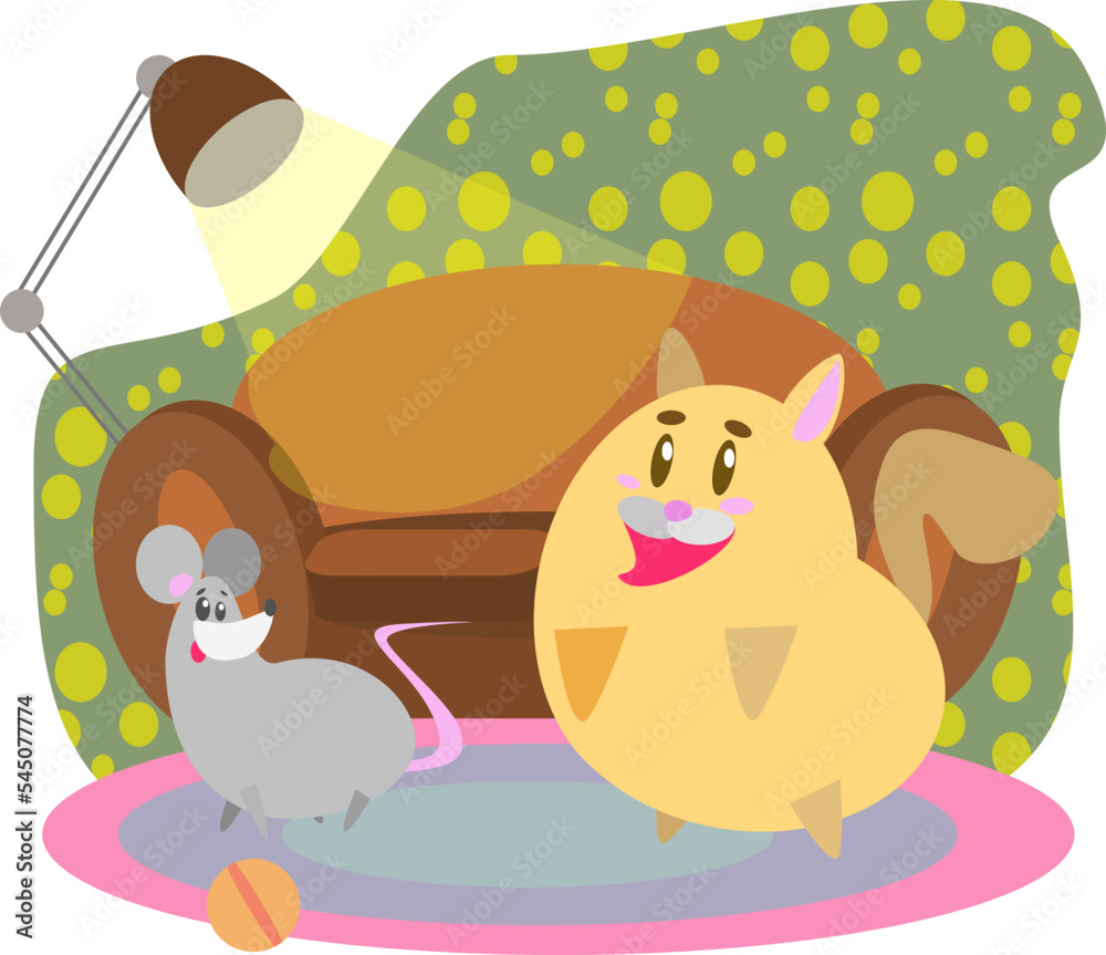 A cat and a mouse rest near the sofa by the light of a lamp A cat and a mouse rest near the sofa by the light of a lamp