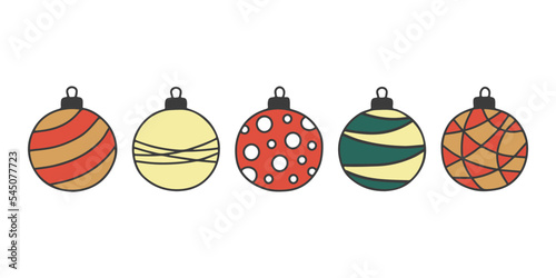 Different christmas ball with ornament, doodle shape, hand draw sketch. Color toy for christmas tree set. Vector illustration