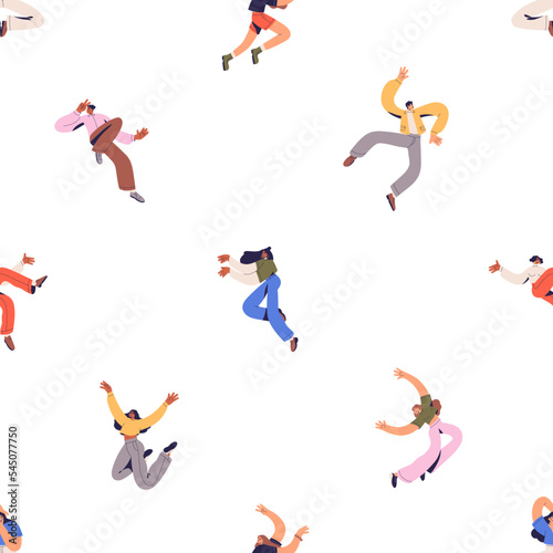 Happy energy people pattern. Seamless background, active youth, excited characters. Repeating print, free lively men and women in action, motion poses, floating. Colored flat vector illustration