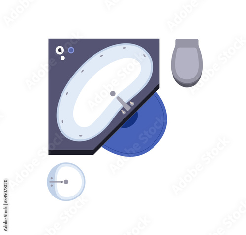 Bathroom, washroom overhead. Bath room interior layout top view. Corner batht...