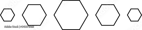 Five outlined black hexagon, honeycomb shapes, in a row, different sizes. Isolated png illustration, transparent background. Asset for overlay, pattern, montage, collage, mark making.