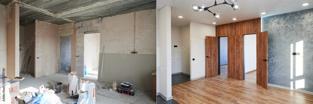 Comparison of old room with building tools and new renovated room. Photo collage of apartment before and after restoration. Concept of home renovation.
