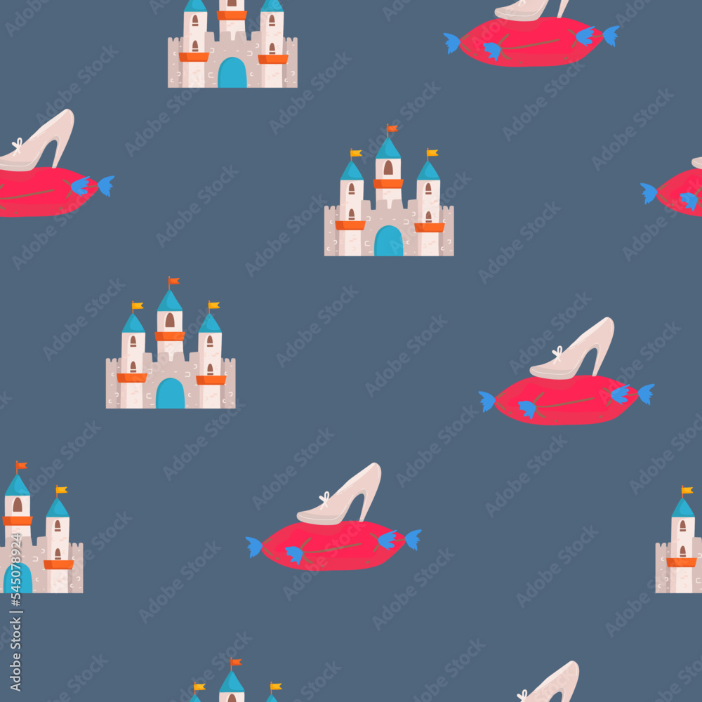 Princess crown. Kids vector seamless pattern. shoe cinderella castle fairy background for kids Princess crown. Kids vector seamless pattern. shoe cinderella castle fairy background for kids