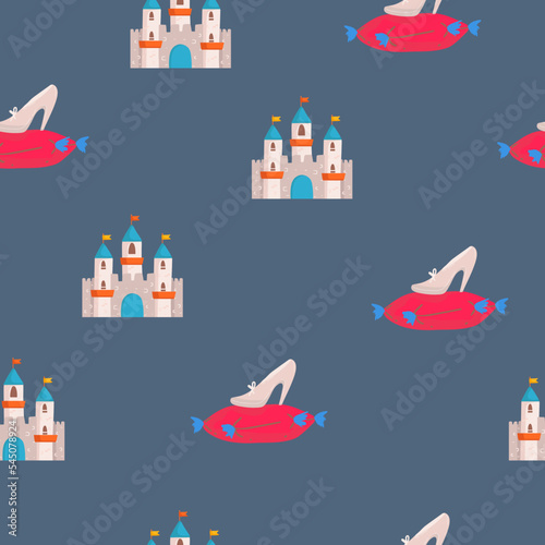 Princess crown. Kids vector seamless pattern. shoe cinderella castle fairy background for kids