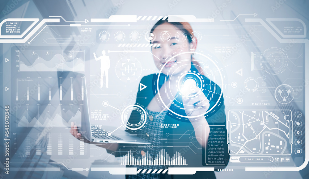 Woman using laptop with virtual world and model map with location point ...