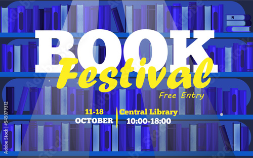 Vector cartoon image of a banner announcing a book festival in a library or bookstore. The concept of education and study