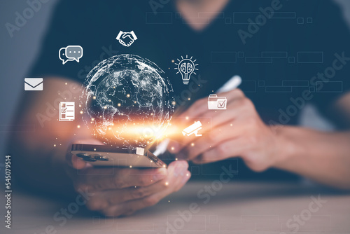 virtual Global Internet connection metaverse concept, Businessman using mobile smartphone, global internet connection application technology and digital marketing, Financial and banking,tech big data.
