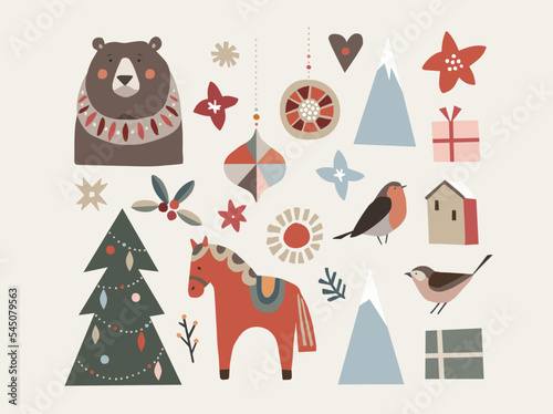 Set of Christmas Scandinavian animals and natural elements. Dala horse, finch birds, bearChristmas ornametns, tree and flowers. House with gift boxes. Nordic retro design. Isolated vector illustration