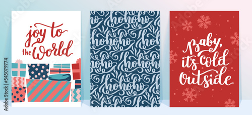 Vector collection of Christmas poster templates. New year 2023 set of christmas greeting cards. Bright colors. presents and hand written lettering for your invitation and design.