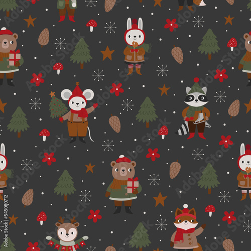 Christmas seamless pattern with animals.
