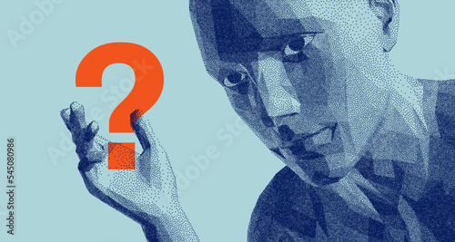 Time to think. A man think and wave with hand with a question mark. Searching for answers. Stipple effect. 3D vector illustration. Design for banner, flyer, poster, cover or brochure.