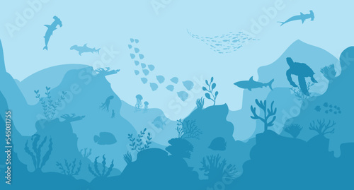silhouette of coral reef with fish on blue sea background underwater vector illustration 