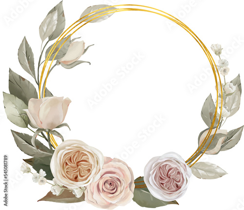 Watercolor traditional floral golden wreath, ivory roses and dusty greenery frame photo