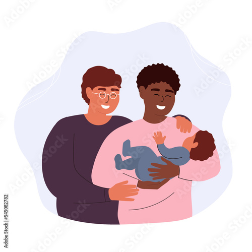 A couple of homosexual men are holding a baby in their arms. A happy family with a child. Guys hug. Vector graphics.