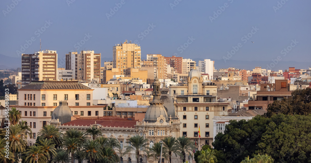 Historical and Residential Buildings in city of Cartagena, Spain. Sunny Morning. Aerial View from Cruise Ship.