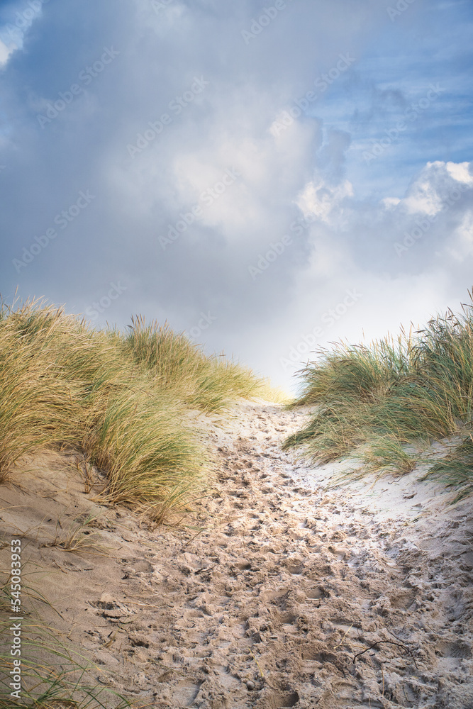 Beach crossing in Denmark by the sea. Dunes, sand water and clouds on the coast