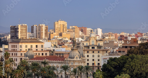 Historical and Residential Buildings in city of Cartagena, Spain. Sunny Morning. Aerial View from Cruise Ship.
