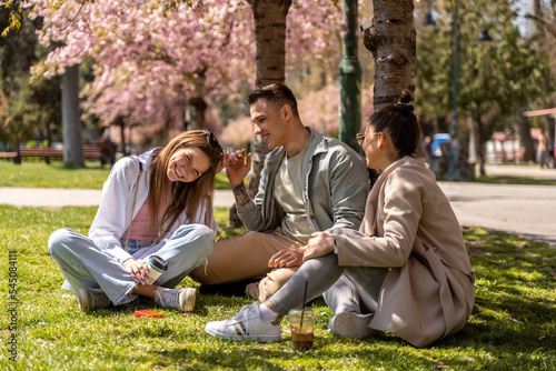 Three young friends relaxing on green meadow in park