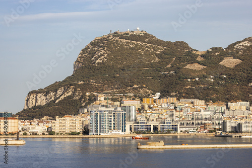 City Buildings, Port and Mountain by the Sea. Sunny Sky. Gibraltar, United Kingdom.