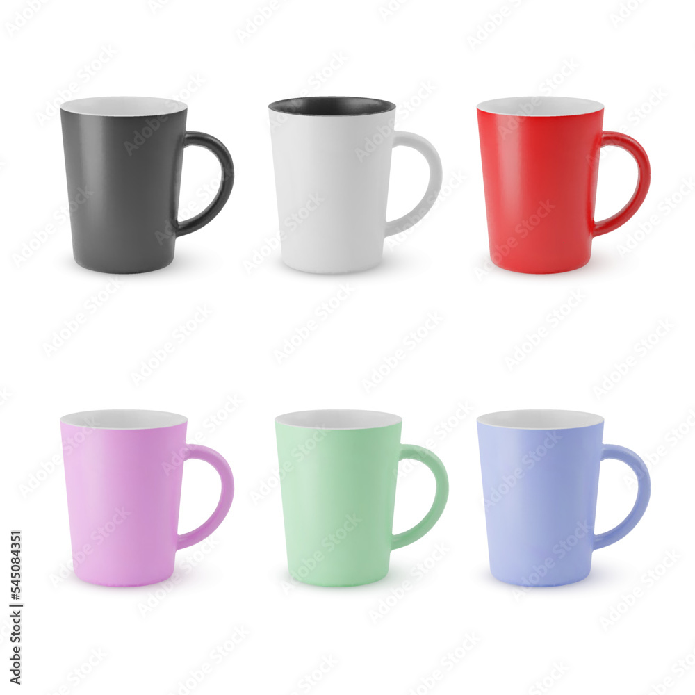 Illustration of Six Realistic Empty Ceramic Tea Mug. Mockup with Shadow Effect. For Web Design, and Printing on a White Background Illustration of Six Realistic Empty Ceramic Tea Mug. Mockup with Shadow Effect. For Web Design, and Printing on a White Background