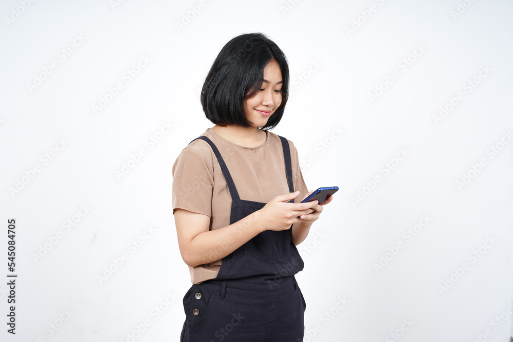 Using Smartphone and Smiling Of Beautiful Asian Woman Isolated On White Background Using Smartphone and Smiling Of Beautiful Asian Woman Isolated On White Background