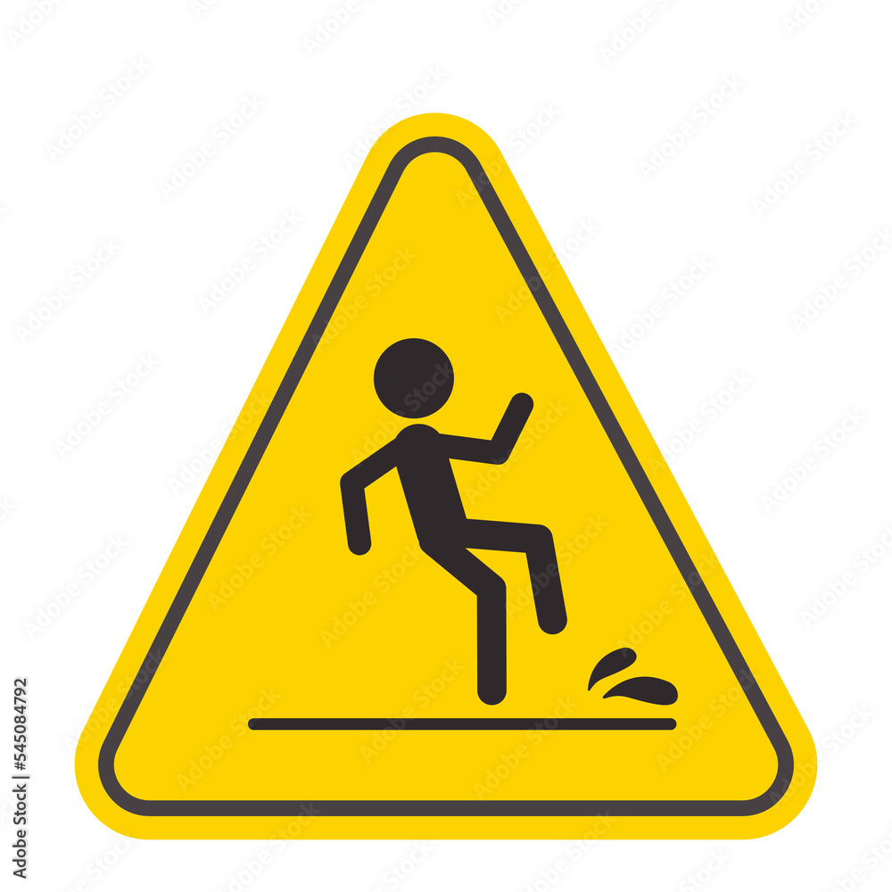 Wet floor caution warning triangle sign, yellow symbol isolated on white background. Wet floor caution warning triangle sign, yellow symbol isolated on white background.