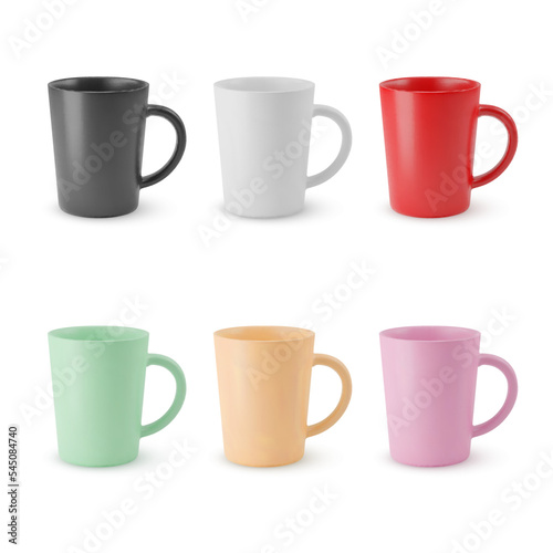 Illustration of Six Realistic Empty Ceramic Coffee Cup or Tea Mug. Mockup with Shadow Effect, and Copy Space for Web Design, and Printing on White