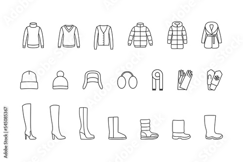 Winter clothes  shoes line icons set isolated PNG