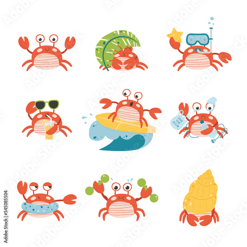 Set cartoon crab character emotion. Isolated vector illustration on white background.