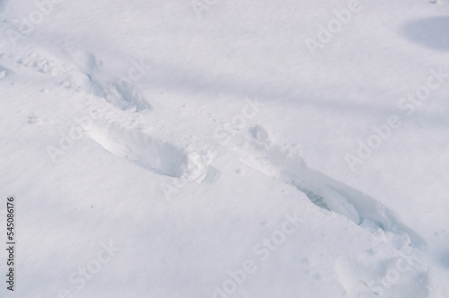 Footprints in the white snow. Precipitation in winter. The cold period of the year. Snowdrifts in winter.