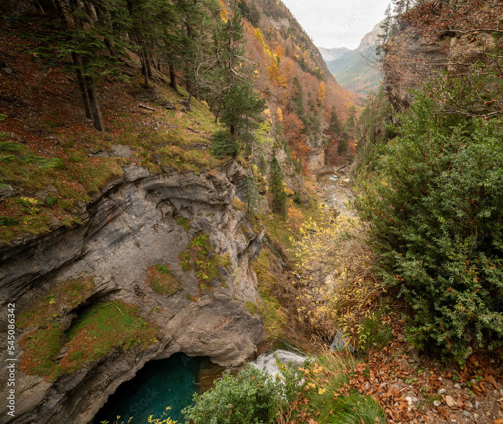 An autumnal valley with orange, yellow and green trees. An autumnal valley with orange, yellow and green trees.