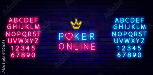 Poker online neon signboard with crown. Card games lover. Luminous blue and pink alphabet. Vector illustration