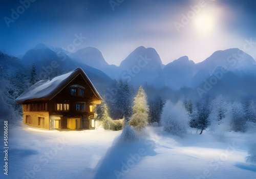 Winter landscape. Cottage on background of hill and forest. Wooden houses in countryside. New year in cottages. Country hotels Christmas evening. Renting house for large group. Winter village. AI