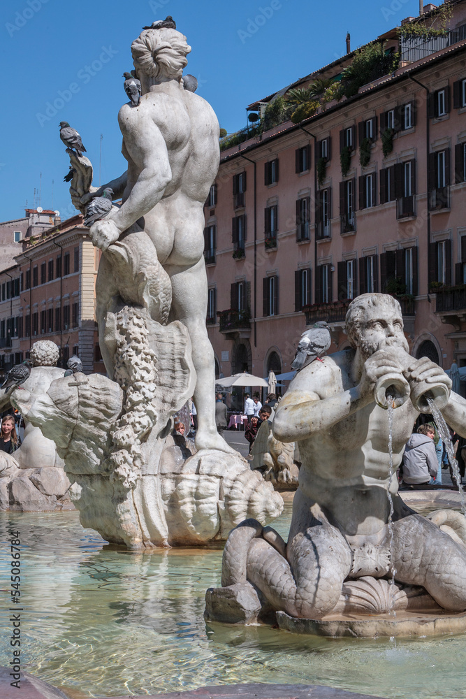Roma. Dettaglio della Fontana del Nettuno a Piazza Navona.
