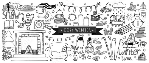 Big doodle set about a cozy winter.Interior elements. Winter outdoor activities. Cliparts of tea drinking and quiet home hobbies. Black linear doodles about cold weather, isolated on white background.