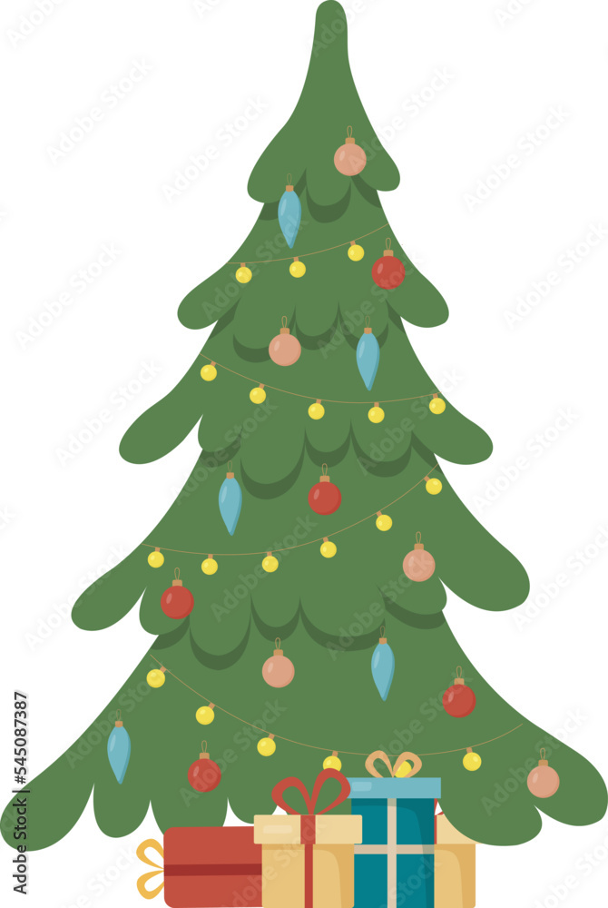 Decorated christmas tree with gift boxes, lights, decoration balls and lamps. Merry Christmas and a happy new year. Vector illustration.