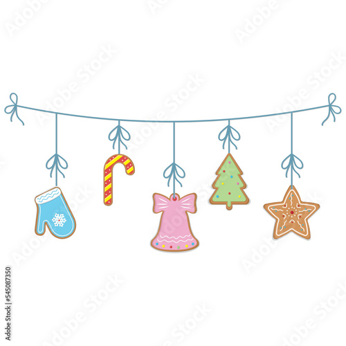 Christmas garland of ginger cookies, color vector illustration in cartoon style