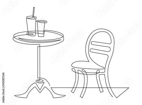 Street Cafe. Chairs near a table with cocktails. Continuous line drawing illustration
