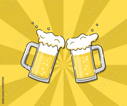 ビールジョッキで乾杯をする手描き風のベクターイラスト