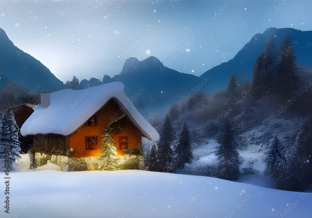 Fototapeta premium Winter landscape. Cottage, mountain and hill and forest. Wooden houses in countryside. New year in cottages. Country hotels Christmas evening. Renting house for large group. Winter village, Wonderland