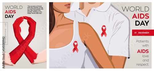 Illustration Of World Aids Day.Couple supporting aids awareness together. Closeup of the arms of two men painted red forming a red awareness ribbon and the text world aids day.
