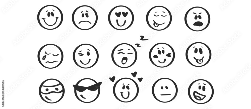 Doodle Emoji face icon set. Hand drawn sketch . Emoji with different emotion mood, happy, sad, smile face Doodle Emoji face icon set. Hand drawn sketch . Emoji with different emotion mood, happy, sad, smile face
