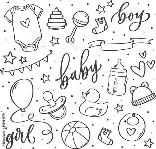 Baby hand drawn set. New baby items and icons. Cute doodle illustrations  baby clothes, bib, bottle, cloud,  diaper,