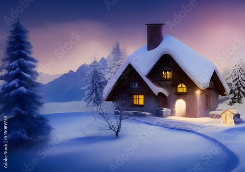 Winter landscape. Cottage, mountain and hill and forest. Wooden houses in countryside. New year in cottages. Country hotels Christmas evening. Renting house for large group. Winter village, Wonderland © ZoomBee_MM