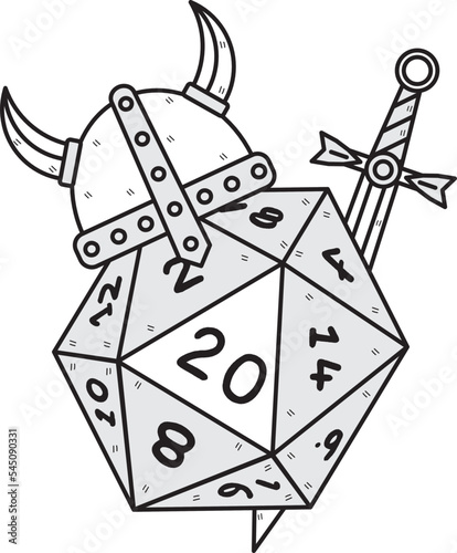 Dice d20 for playing Dnd. Dungeon and dragons board game. Treasures, paladin sword.  photo