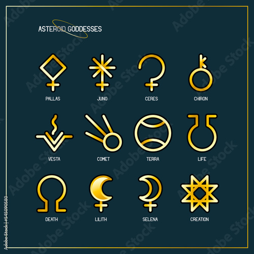 ASTEROID GODDESSES zodiac horoscope thin line label linear design esoteric stylized elements symbols signs. Vector illustration icons photo