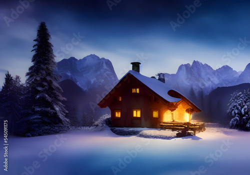 Winter landscape. Cottage, mountain and hill and forest. Wooden houses in countryside. New year in cottages. Country hotels Christmas evening. Renting house for large group. Winter village, Wonderland © ZoomBee_MM